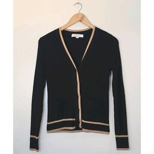 LOFT Tipped Ribbed V-Neck Pocket Cardigan Sweater Womens Size Small Black Preppy
